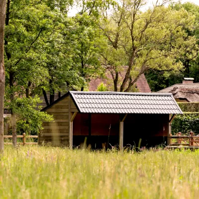 Un double abri à chevaux en bois avec des tuiles noires