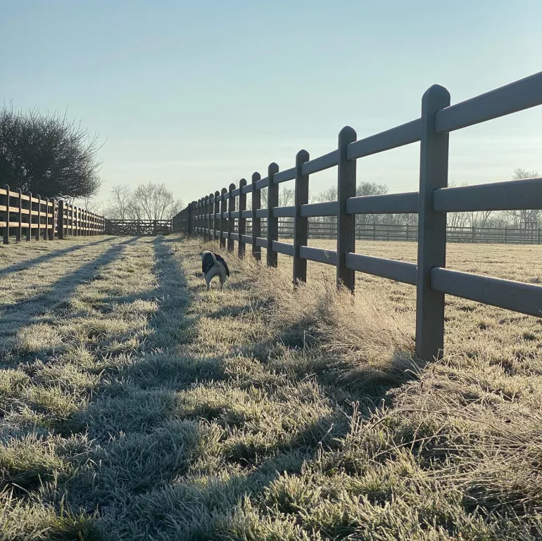 Ein Hund, der auf einem gefrorenen Feld steht, das von einem Holzzaun umgeben ist.