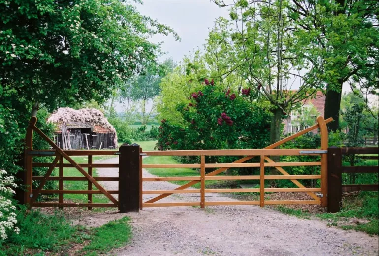 Wooden gate and door with an arch on a side on a gardern