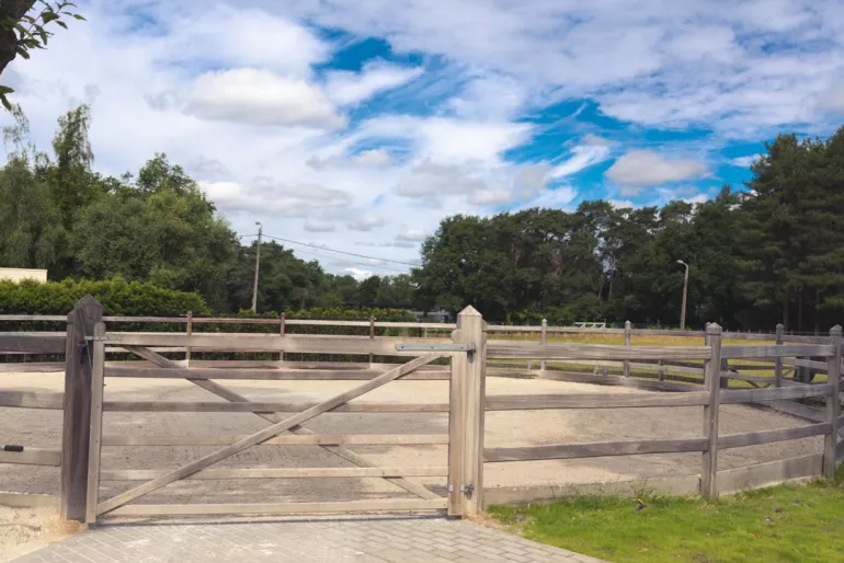 A lunge arena enclosed with wooden fences with square posts and a field gate